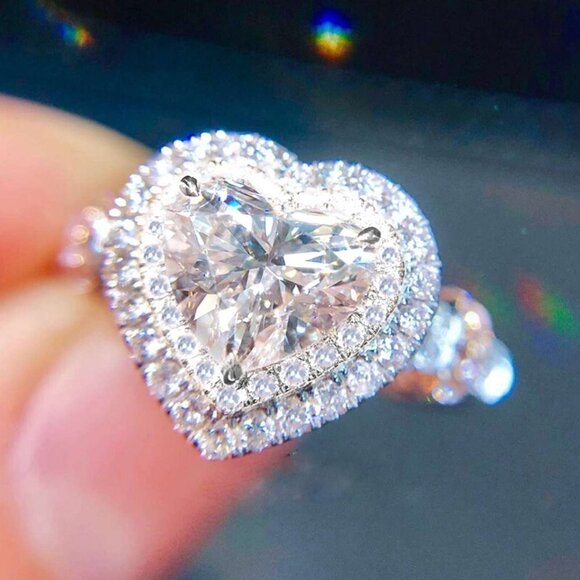 😍Diamond Heart CZ Shiny 14k White Gold Luxury Macro Pave Ring for Women, K852 - Picture 3 of 11